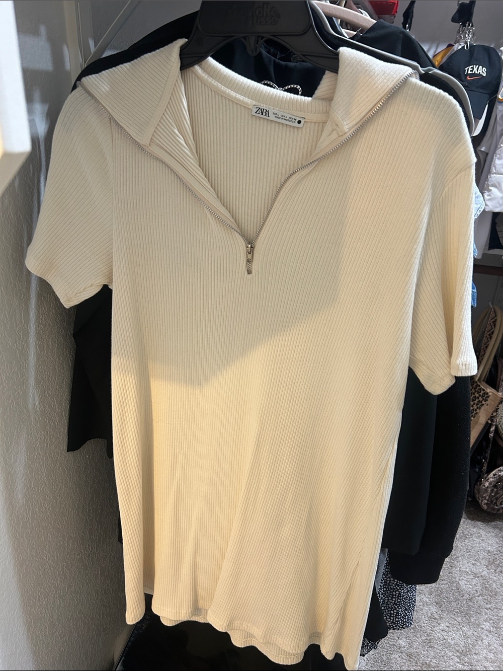 Zara Cream Ribbed Short Sleeve Polo Zip Dress